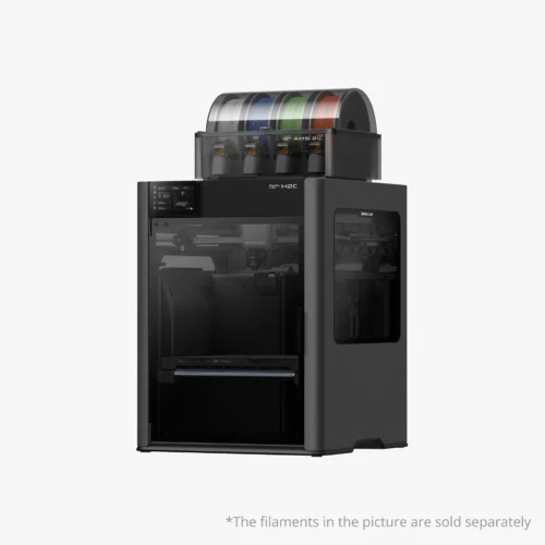 Bambu Lab 3D printer with a curved top carousel holding multiple colored filament spools