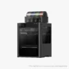 Bambu Lab 3D printer with a curved filament carousel holding white blue green and red spools on top