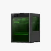 Front view of a Bambu Lab H2C 3D printer with black frame and green tinted front door showing the illuminated interior