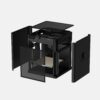 Open fronted black 3D printer with a transparent door showing the build chamber and internal components inside an enclosure