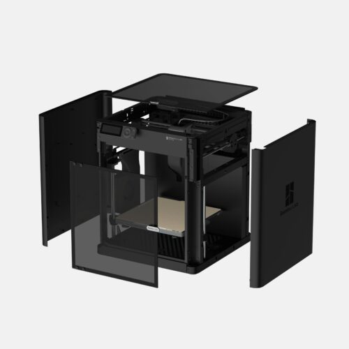 Open fronted black 3D printer with a transparent door showing the build chamber and internal components inside an enclosure