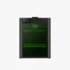 Black 3D printer with a green tinted front door and a small control panel on the left edge from the front view