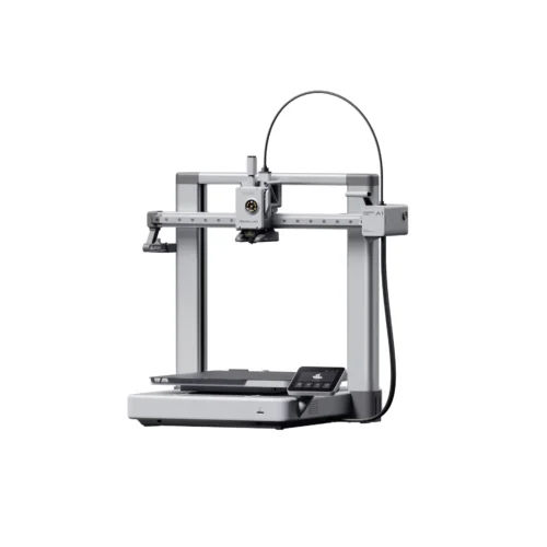 Front view of a Bambu Lab 3D printer with a metal frame and touchscreen control panel on the base photographed from the side left