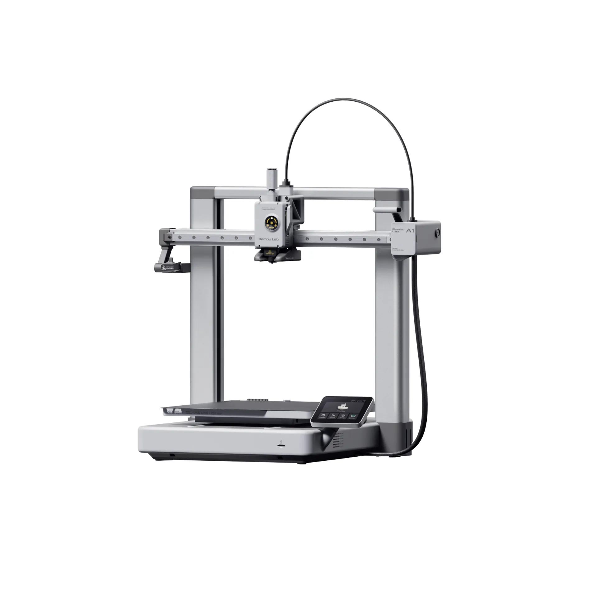 Front view of a Bambu Lab 3D printer with a metal frame and touchscreen control panel on the base photographed from the side left