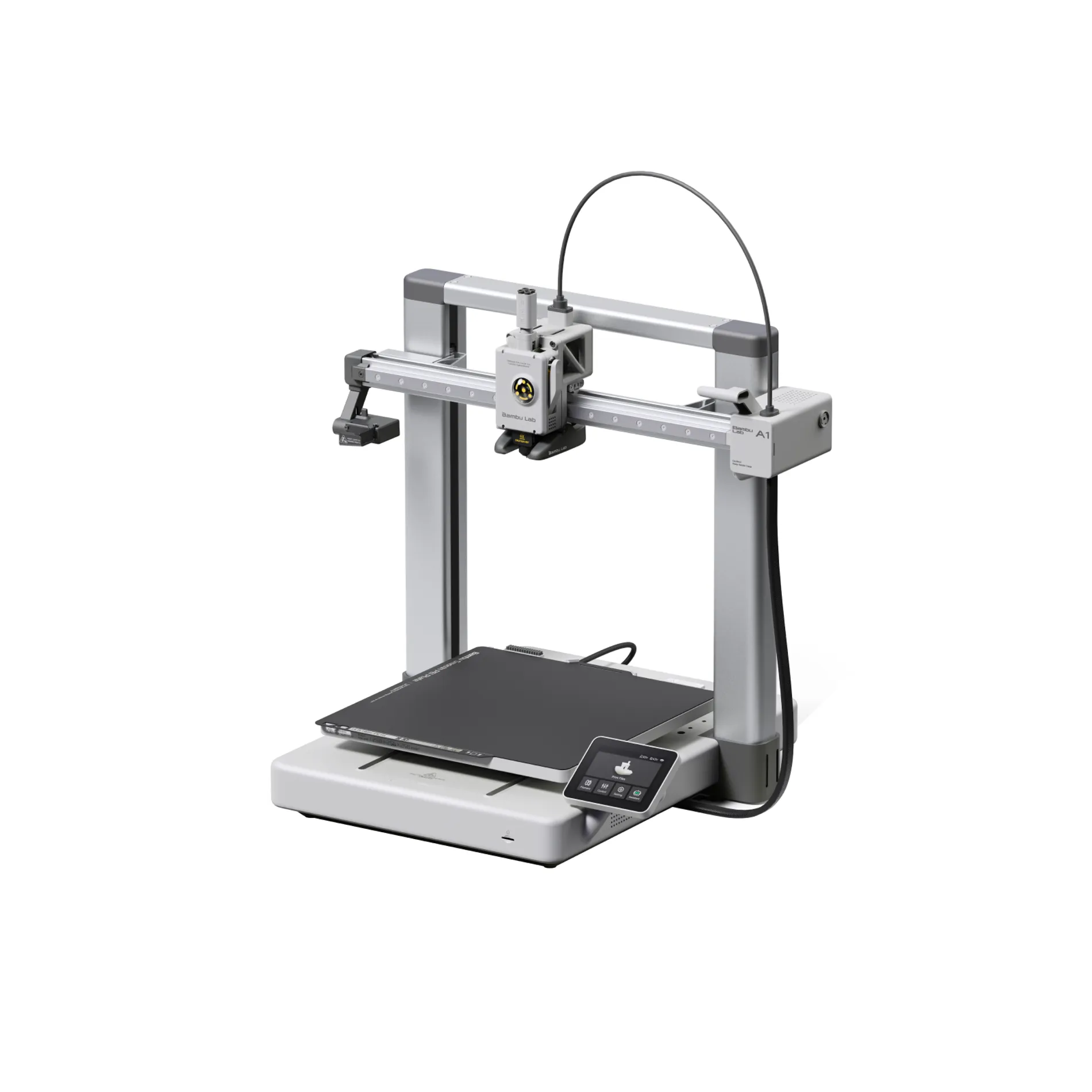 Desktop 3D printer with a metal frame moving gantry and touchscreen control panel on a white background