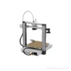 3D printer with a silver frame and brown build plate showing an upgraded heatbed cable and bumper at the base