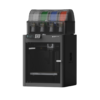 3D printer with a transparent top housing showing multiple colored filament spools white green blue red