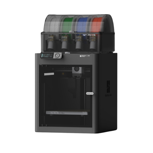 3D printer with a transparent top housing showing multiple colored filament spools white green blue red