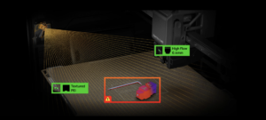 Diagram of a 3D printer showing labeled High Flow 04 mm nozzle textured PEI bed and a red warning box around a tool area