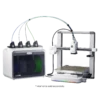 Two 3D printers connected by curved filament tubes left unit holds multi color spools blue green and a closed front right unit is an open frame printer with a heated bed and a small display panel on the base