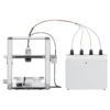 Desktop 3D printer with a movable frame extruder carriage and a separate electronics box connected by colorful cables overhead