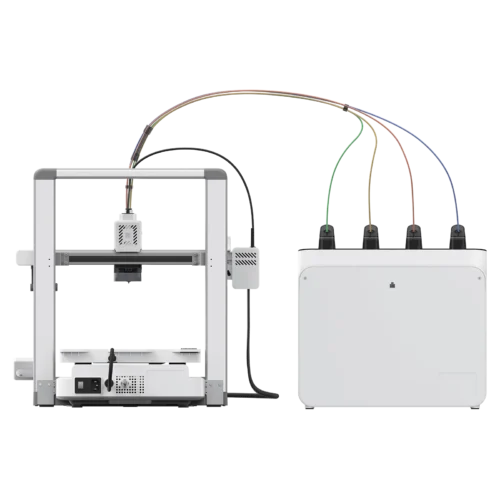 Desktop 3D printer with a movable frame extruder carriage and a separate electronics box connected by colorful cables overhead