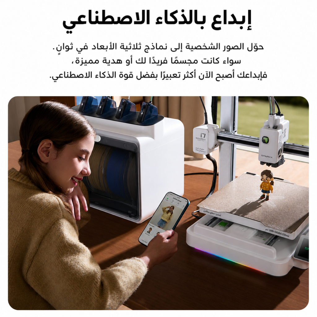 Girl using a smartphone to control or design with a desktop 3D printer and a small figurine model on the print bed showcasing AI assisted creativity
