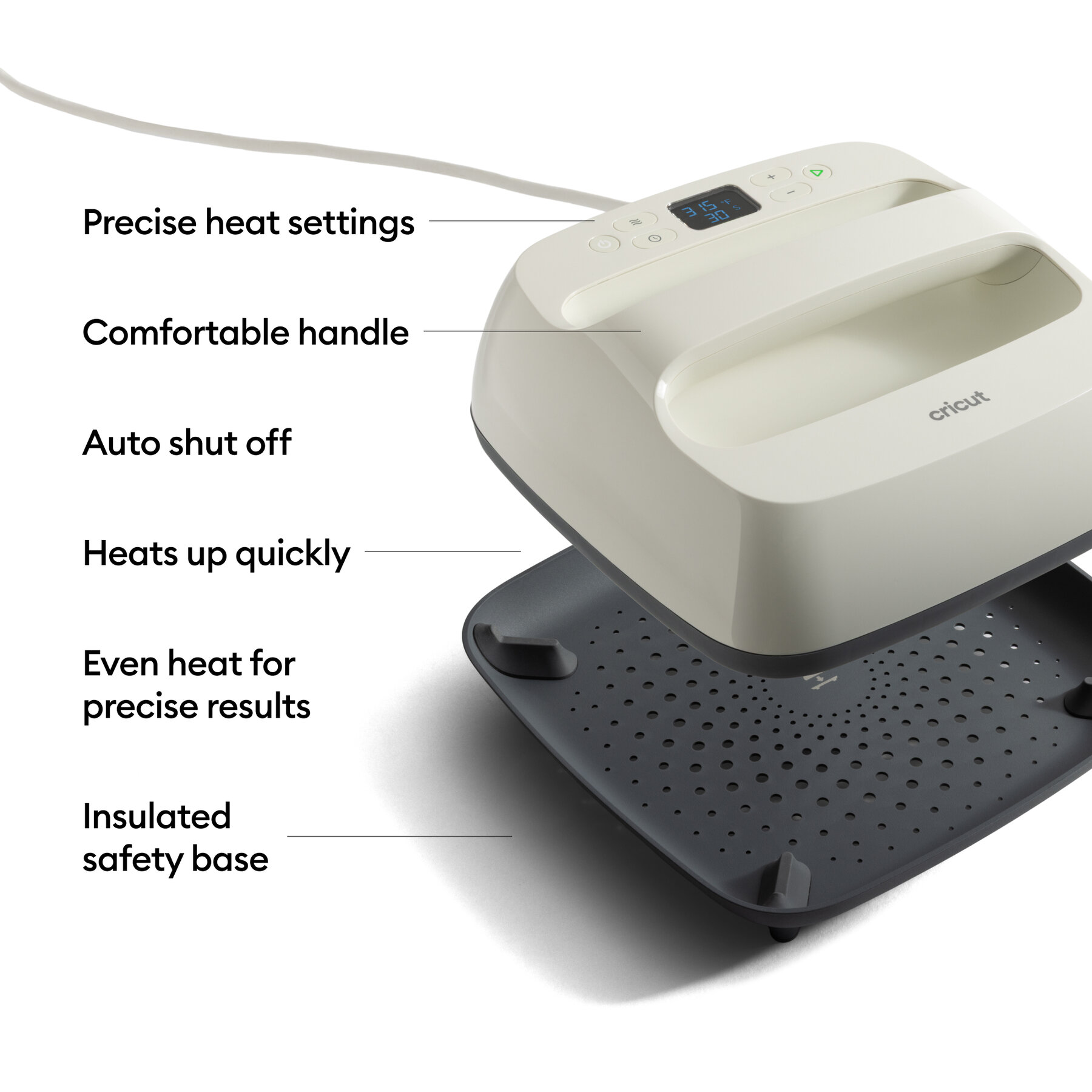 032012727infographic | Avloon Cricut heat press with feature callouts precise heat settings comfortable handle auto shut off heats up quickly even heat insulated safety base