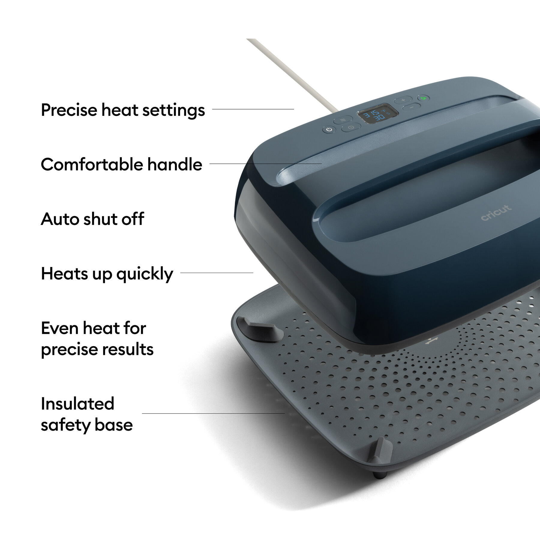 032012729infographic | Avloon Cricut heat press with feature callouts precise heat settings comfortable handle auto shut off heats up quickly insulated safety base