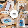 Collage showing four steps of a heat transfer process 1 phone displaying a heat guide 2 hands using a Cricut heat press 3 revealing a design on fabric 4 finished tote bag with blue design Center reads How it works
