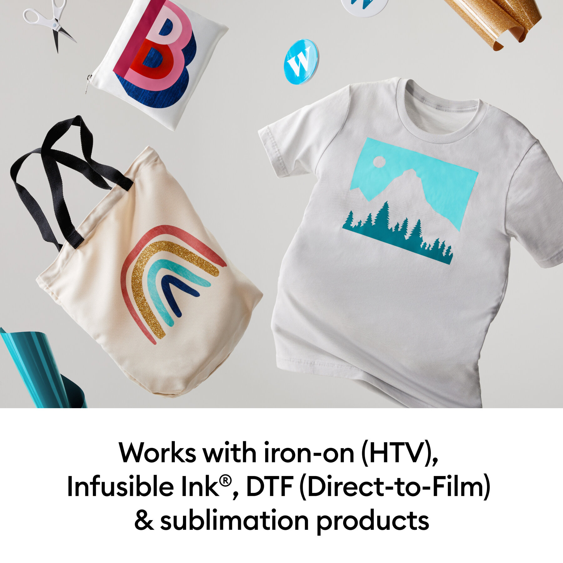 062012727infographic | Avloon Floating craft flat lay white T shirt with turquoise mountain graphic rainbow tote scissors and other supplies for iron on transfer products promo