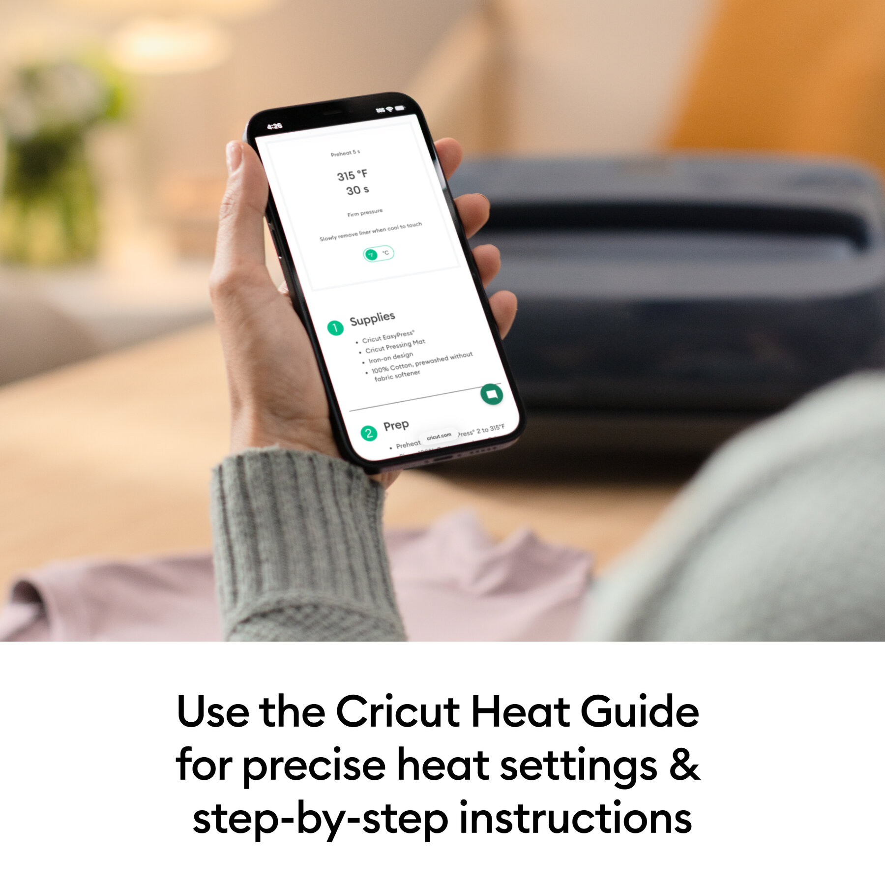 072012729infographic | Avloon Hand holding a smartphone showing a Cricut heat guide screen with 315°F for 30 seconds and setup steps in view