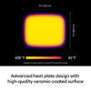 Thermal image of a square heating plate showing a bright yellow hot center with purple outer edges scale reads 400°F to 82°F and dimensions 12 in by 10 in with a note that its simulated QA data