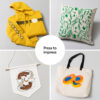 Product collage yellow hoodie with stripes and volleyball graphic on left green plant cushion on right plus printed tote bags below Center circle reads Press to impress