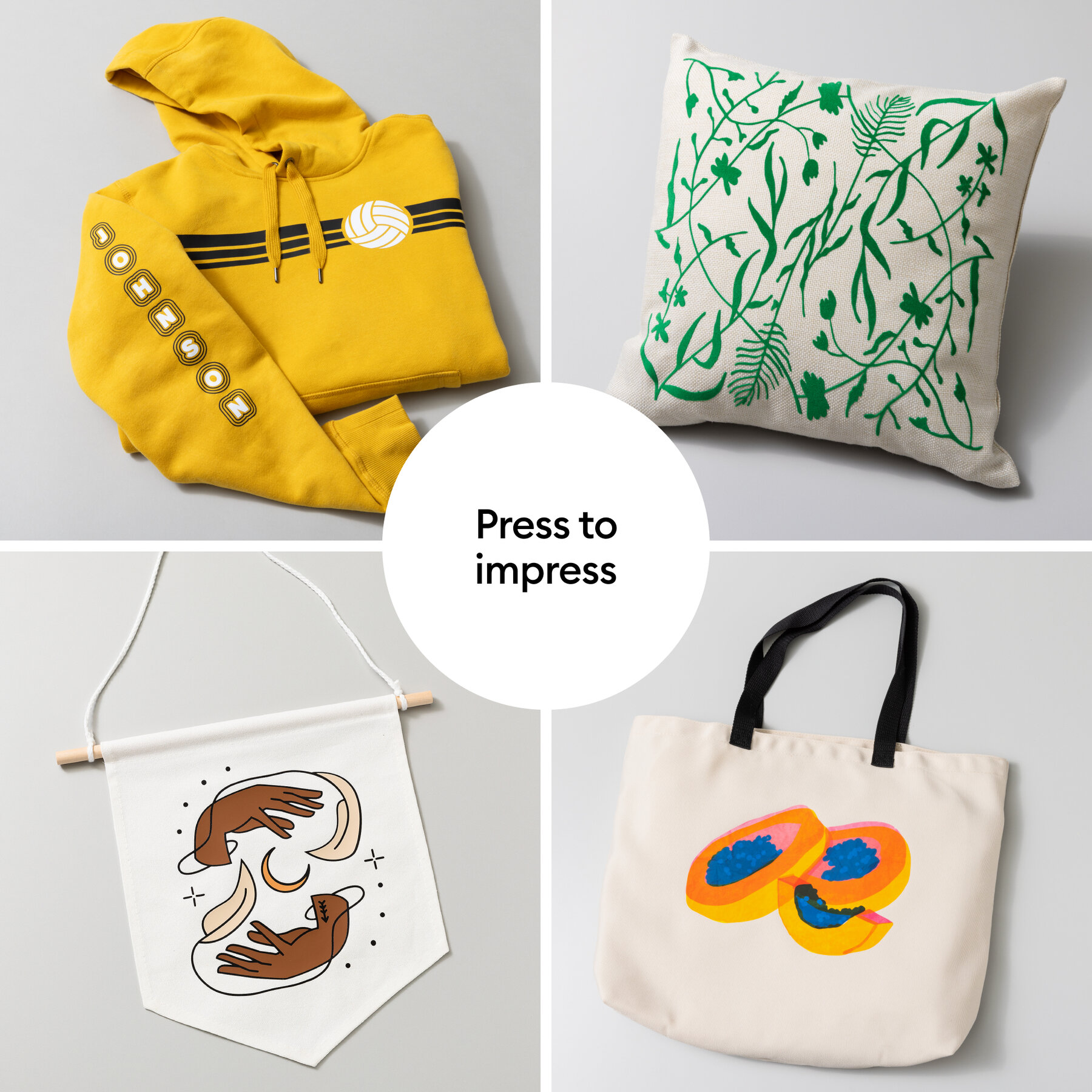 102012727infographic | Avloon Product collage yellow hoodie with stripes and volleyball graphic on left green plant cushion on right plus printed tote bags below Center circle reads Press to impress