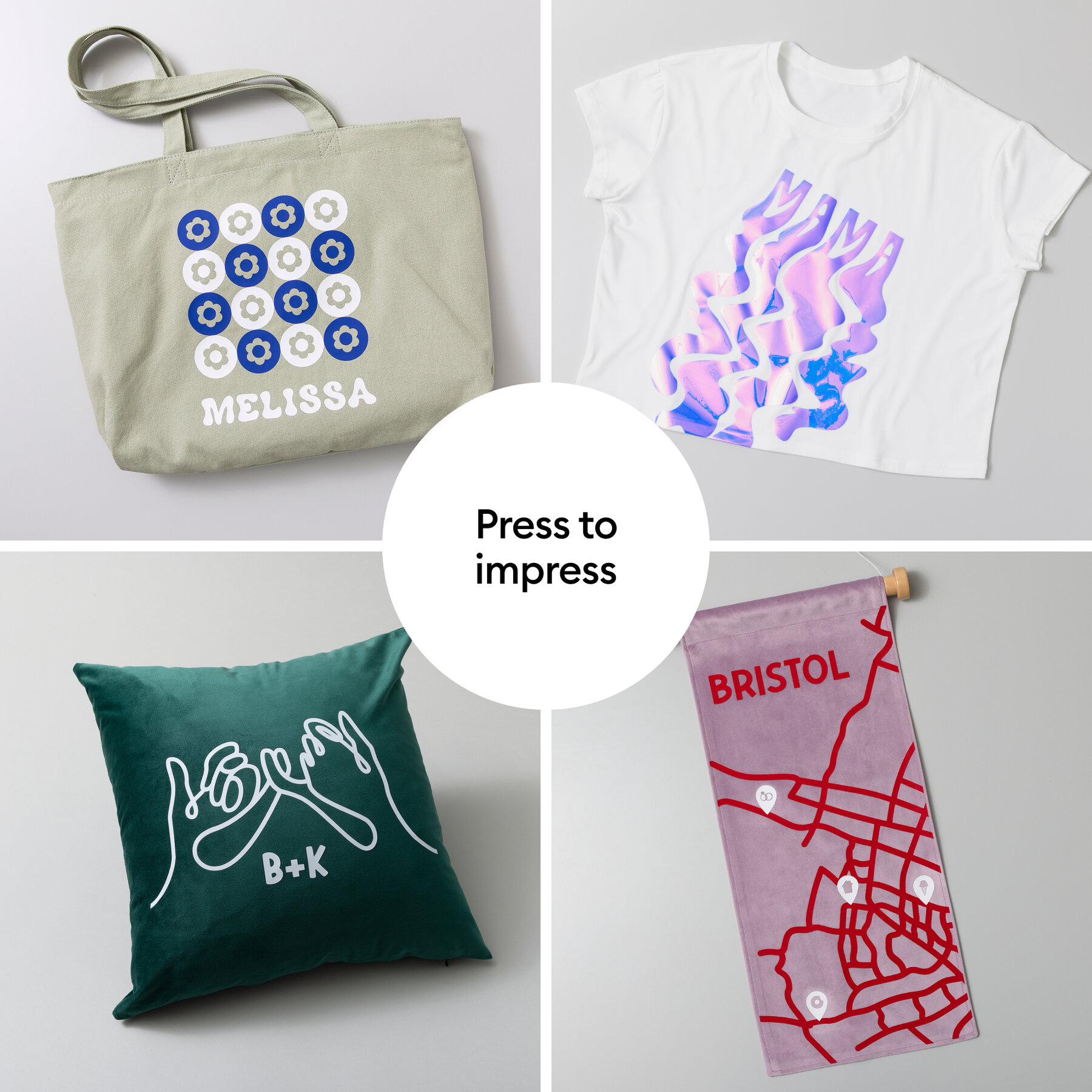 102012729infographic | Avloon Collage of four items a beige tote with blue and white flower pattern labeled MELISSA a white T shirt with a purple wavy graphic a teal pillow with a hands motif reading B+K and a pink Bristol tote with a red map design central circle says Press to impress
