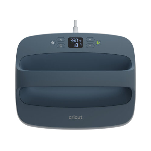 Cricut press with digital display showing 330°F and 18 seconds plus circular control buttons on a blue curved housing