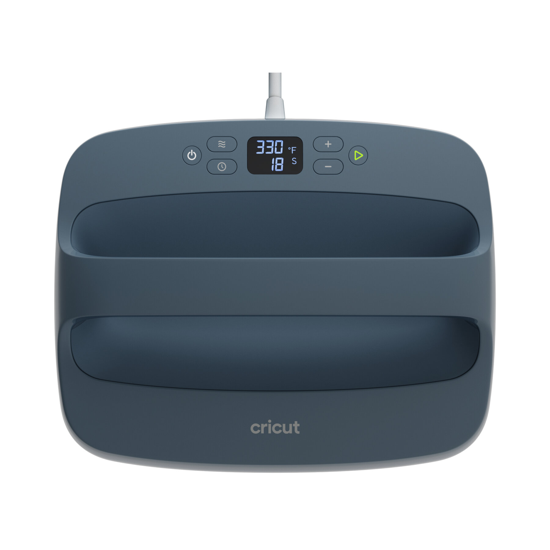 122012729infographic | Avloon Cricut press with digital display showing 330°F and 18 seconds plus circular control buttons on a blue curved housing