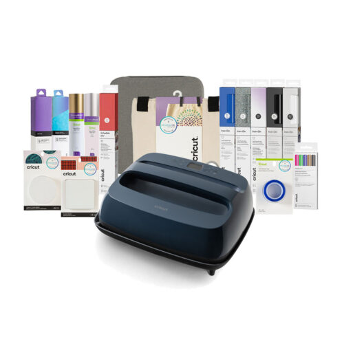 Cricut cutting machine surrounded by colorful craft supplies and packaging boxes in a collage like display