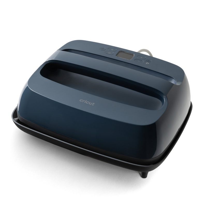 Top view of a dark blue Cricut heat press with control panel and display window on the lid.