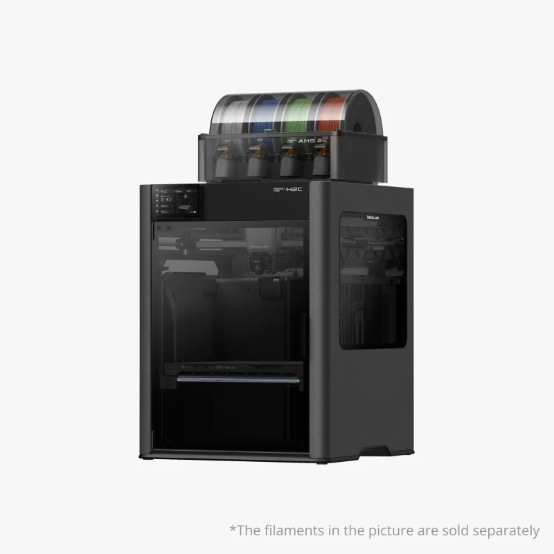 Bambu Lab 3D printer with a curved top carousel holding multiple colored filament spools